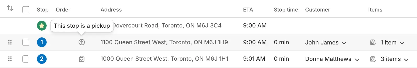 A route’s stop list in EasyRoutes with the tooltip “This stop is a pickup” over the new pickup icon on stop 1, and a task icon on stop 2
