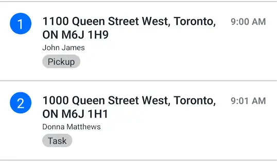 Two stops in the EasyRoutes driver app’s stop list, one labelled Pickup and one labelled Task under the customer name