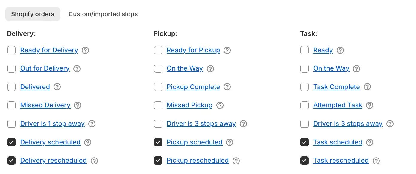 The Notifications settings for Shopify orders, with Delivery scheduled, Delivery rescheduled and the matching Pickup and Task options ticked