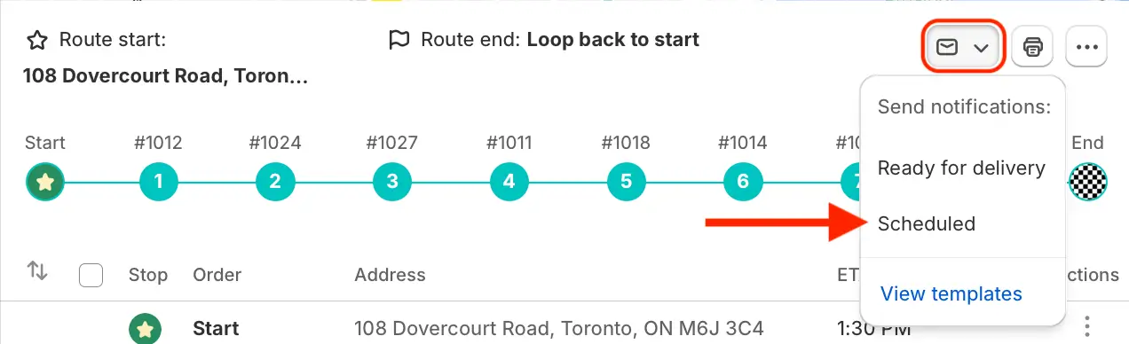 The notifications button below a route’s map, circled in red, opens the “Send notifications:” menu with an arrow pointing at Scheduled