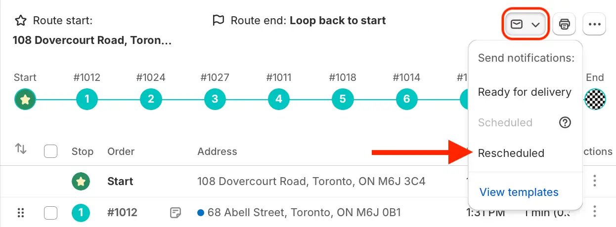 The same notifications menu with Scheduled greyed out and a red arrow pointing at Rescheduled