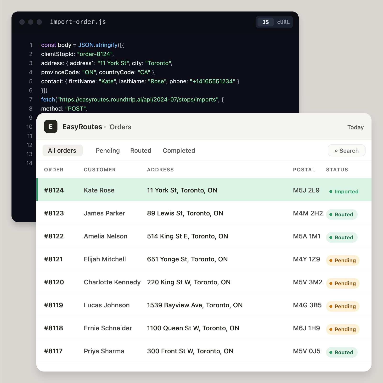 An illustration of an import-order.js call to the EasyRoutes stops import API, with the new order appearing as Imported at the top of an EasyRoutes Orders list