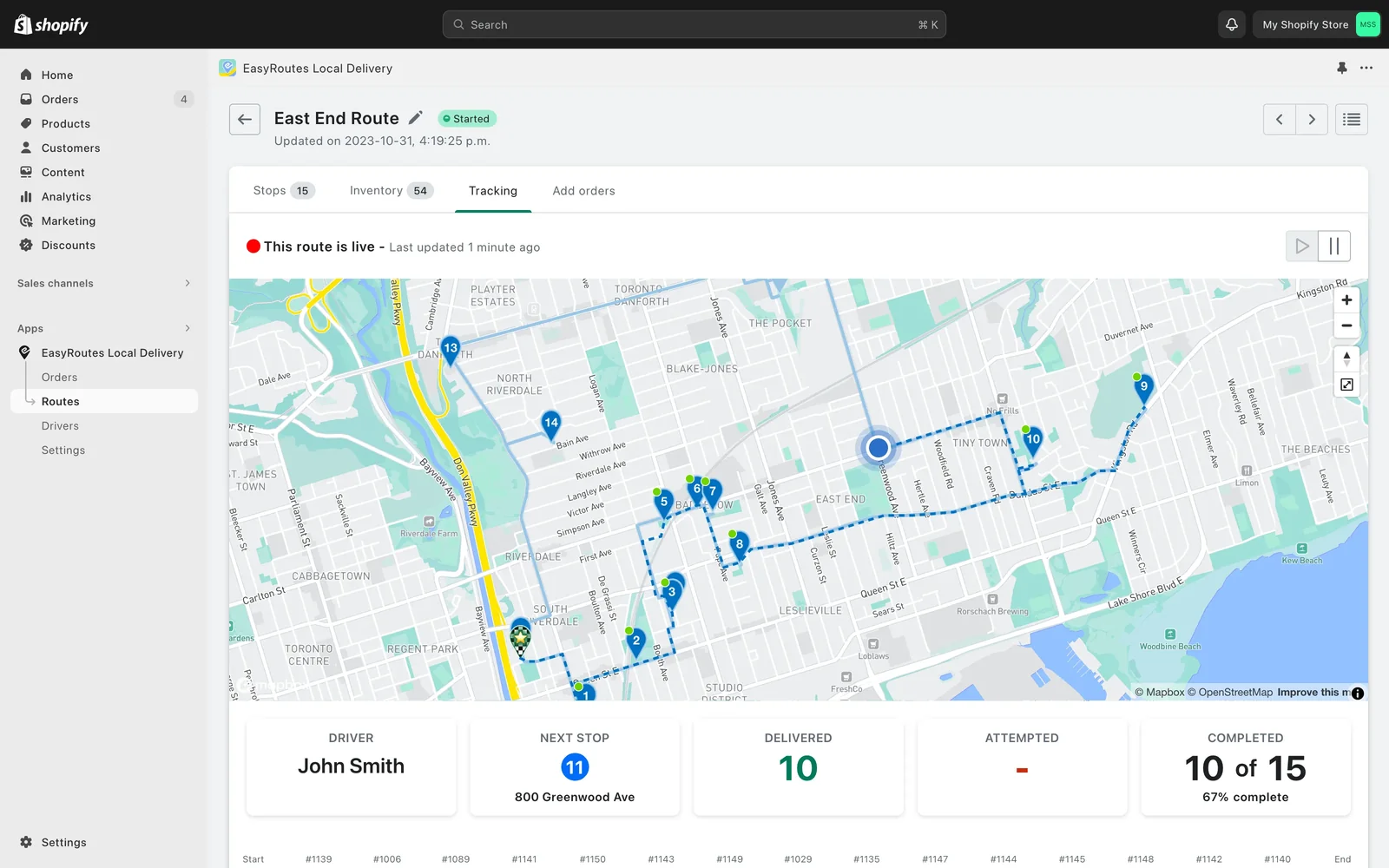 The EasyRoutes Tracking tab for a started East End Route, with the driver’s live position on a Toronto map and 10 of 15 stops completed