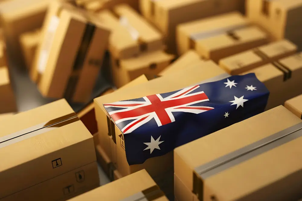 An Australian flag draped over one of many cardboard shipping boxes in a warehouse