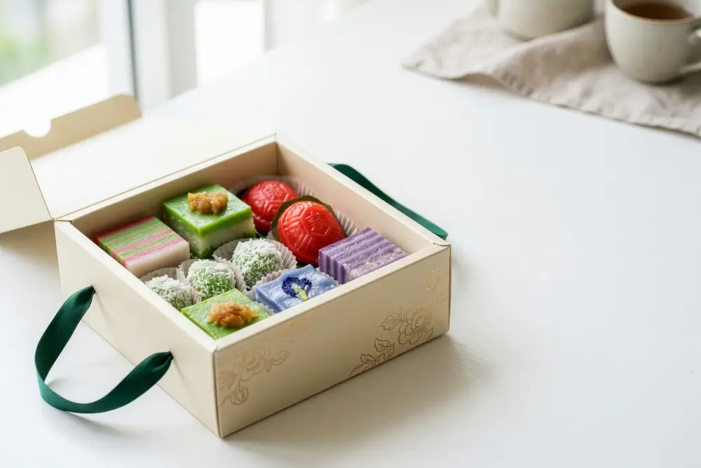 An open gift box of colourful Southeast Asian kueh with a green ribbon handle, on a white table beside cups of tea