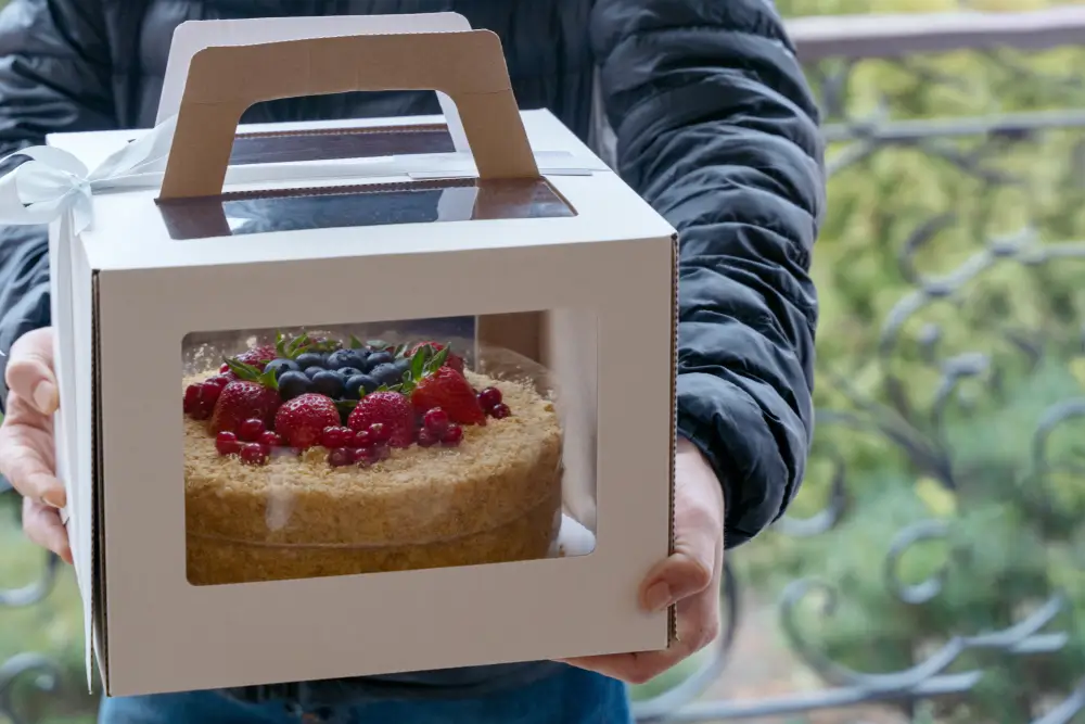 Someone in a puffy jacket carrying a berry-topped cake in a white windowed box with a handle