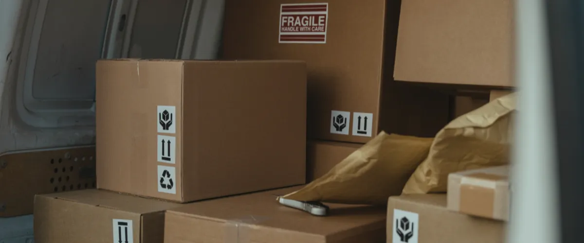 Cardboard boxes with fragile and this-way-up labels stacked in the back of a delivery van