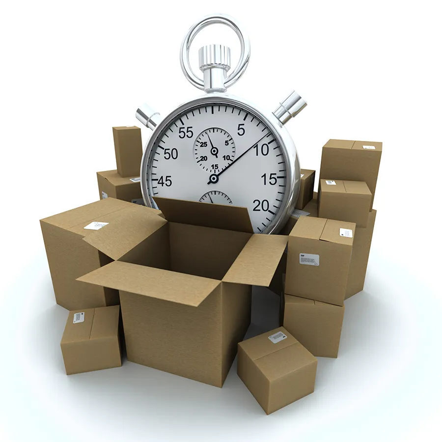 A large silver stopwatch rising out of an open cardboard box, surrounded by more labelled parcels