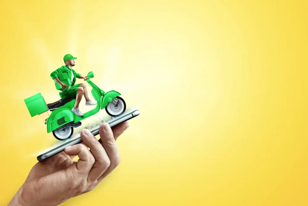 An illustration of a courier riding a green scooter out of a phone held in someone's hand