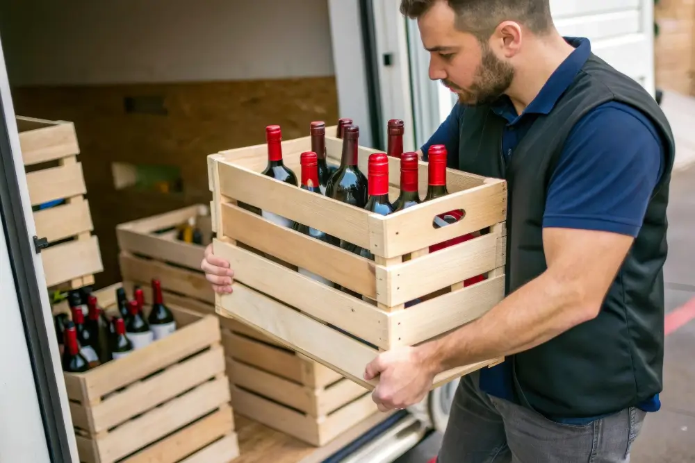 A delivery worker lifting a wooden crate of wine bottles out of a van loaded with more crates