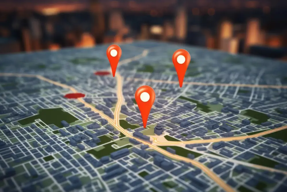 Three red location pins stand on a 3D city map, with a blurred skyline behind