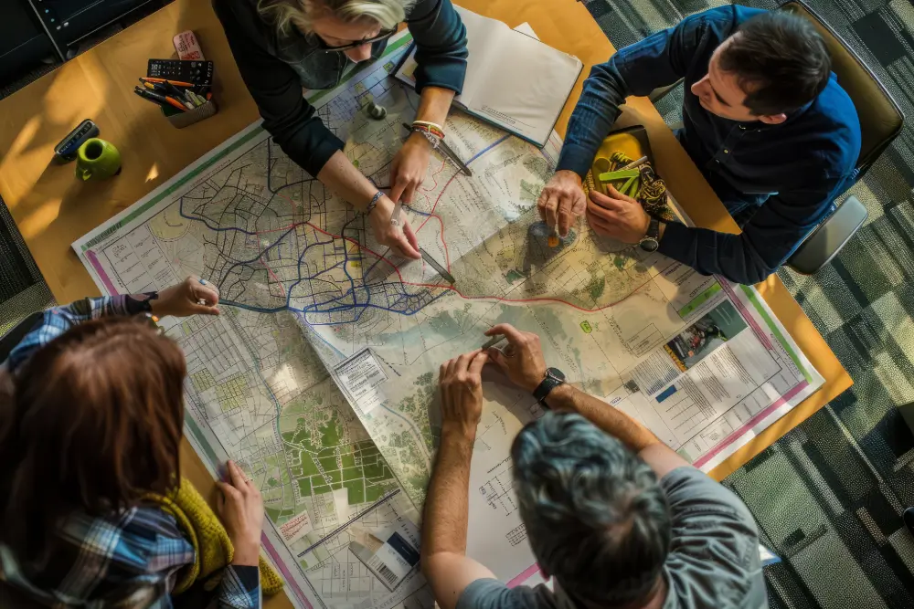 Four people around a table marking routes on a large printed street map