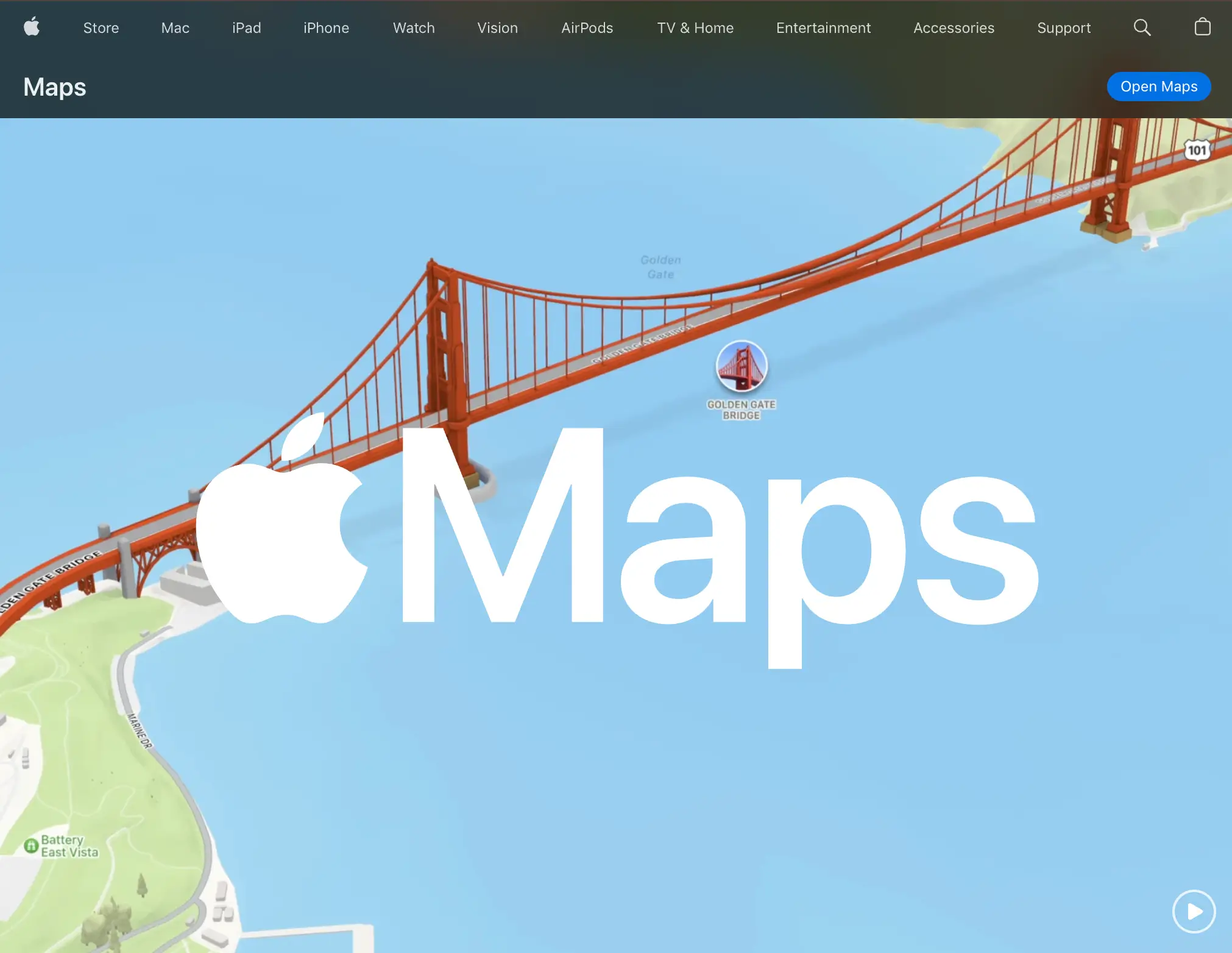 The Apple Maps page on apple.com with the Maps logo over a 3D map rendering of the Golden Gate Bridge