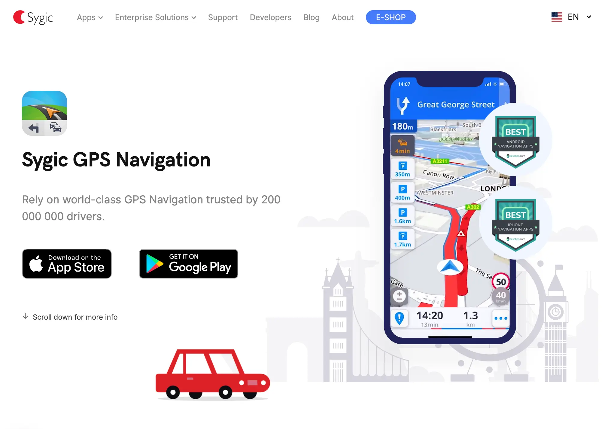 The Sygic GPS Navigation home page, with App Store and Google Play buttons beside a phone showing turn-by-turn directions through London
