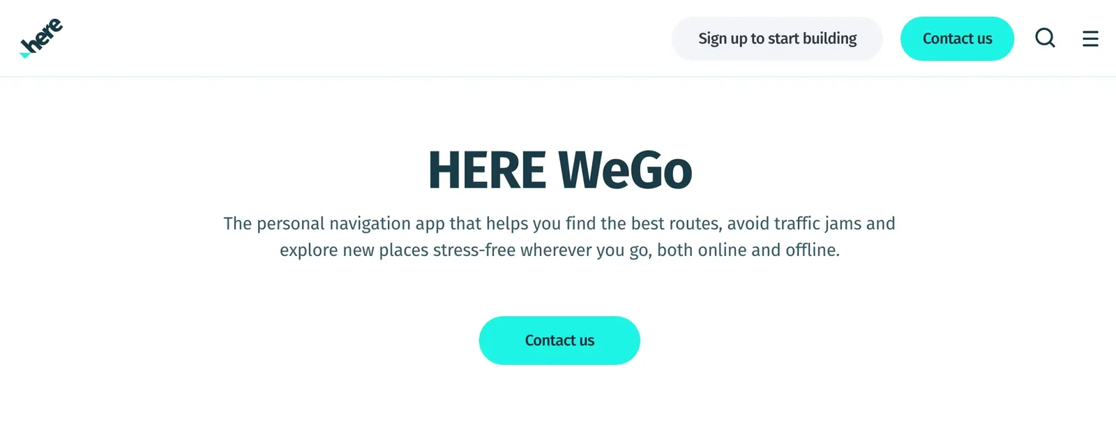 The HERE WeGo page describing a personal navigation app for finding the best routes and avoiding traffic, online and offline