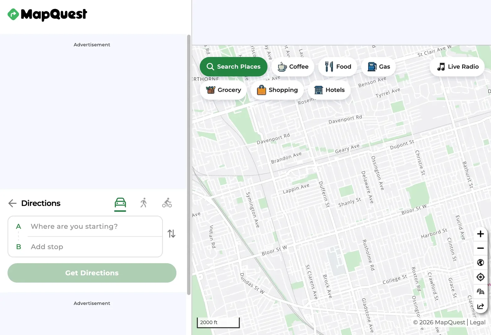 The MapQuest Directions panel with starting point and stop fields beside a street map of west-end Toronto with Coffee, Food and Gas shortcuts