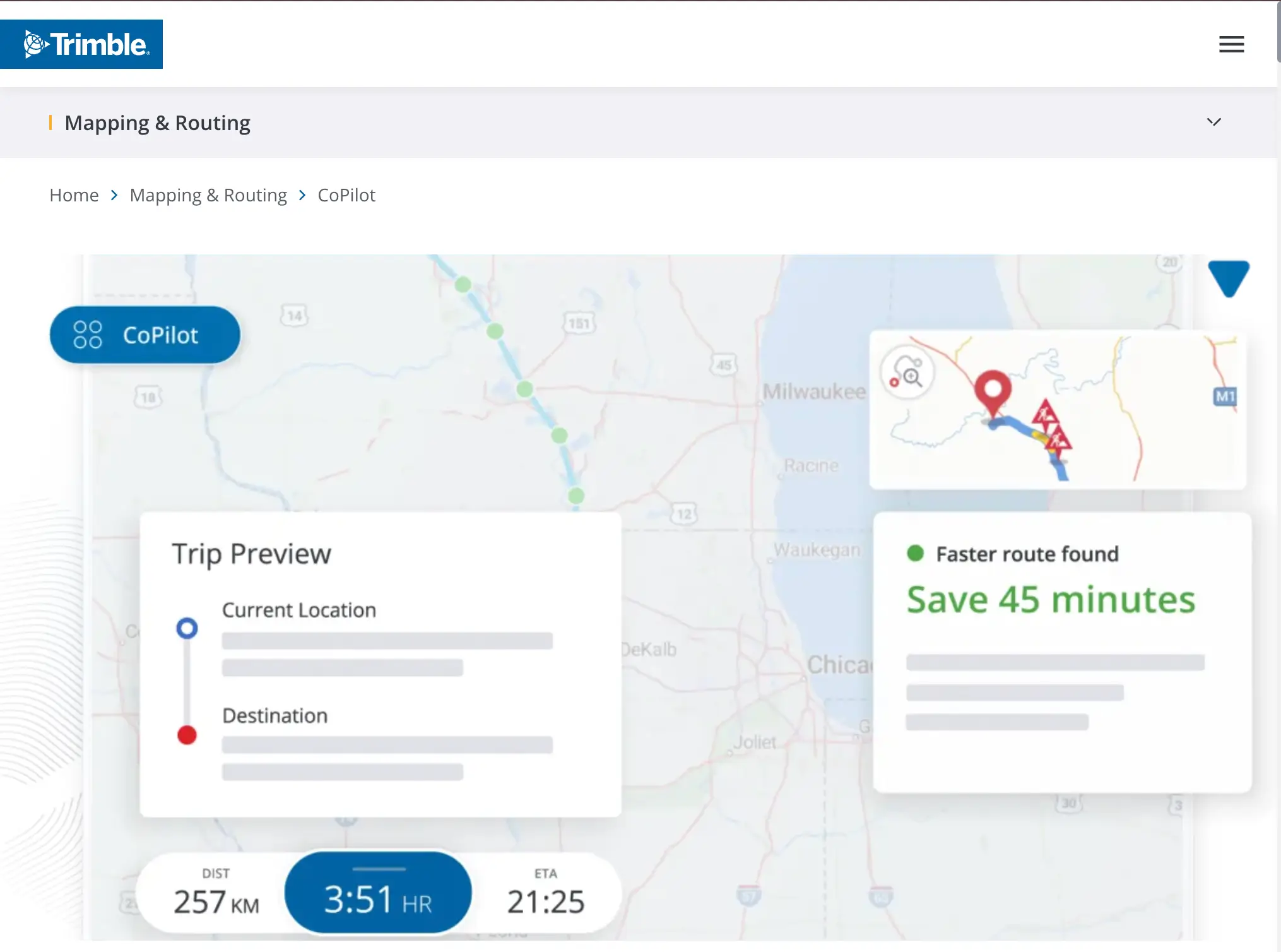 The Trimble CoPilot page showing a Trip Preview card, a “Faster route found, Save 45 minutes” alert and a 257 km trip near Chicago