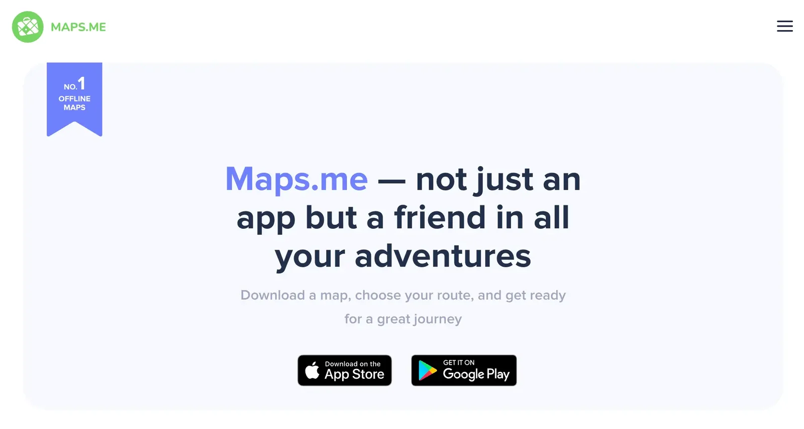 The MAPS.ME home page with a No. 1 Offline Maps ribbon and the headline “Maps.me — not just an app but a friend in all your adventures”