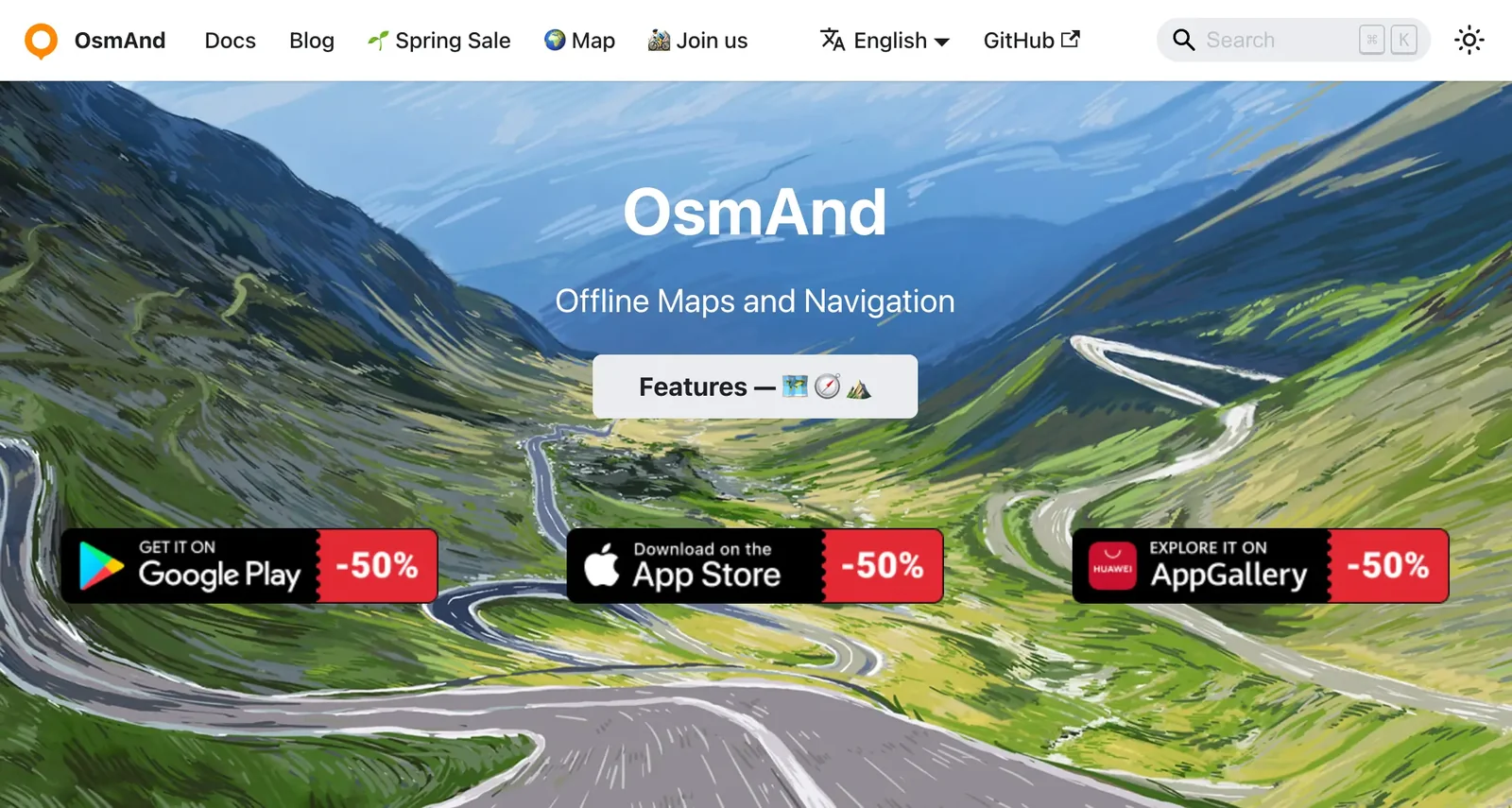 The OsmAnd home page, “Offline Maps and Navigation,” with half-price app store buttons over a painting of a winding mountain road