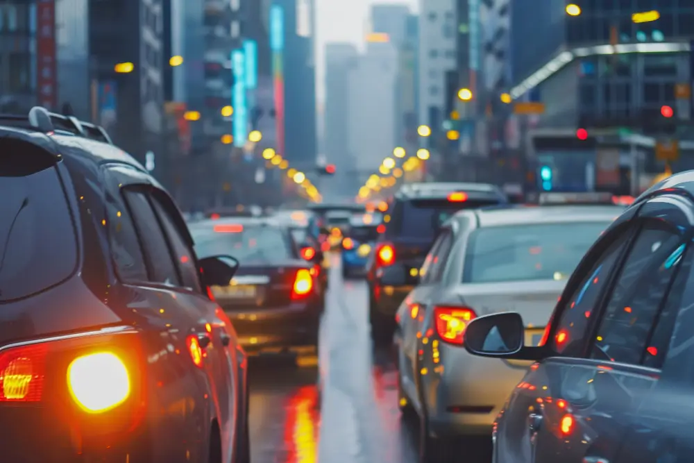 Cars queued nose to tail in city traffic at dusk, brake lights reflecting off wet asphalt