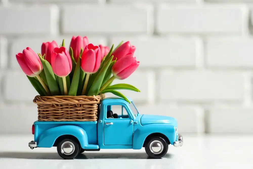A toy light blue pickup truck carrying a wicker basket of pink tulips in its bed, against a white brick wall