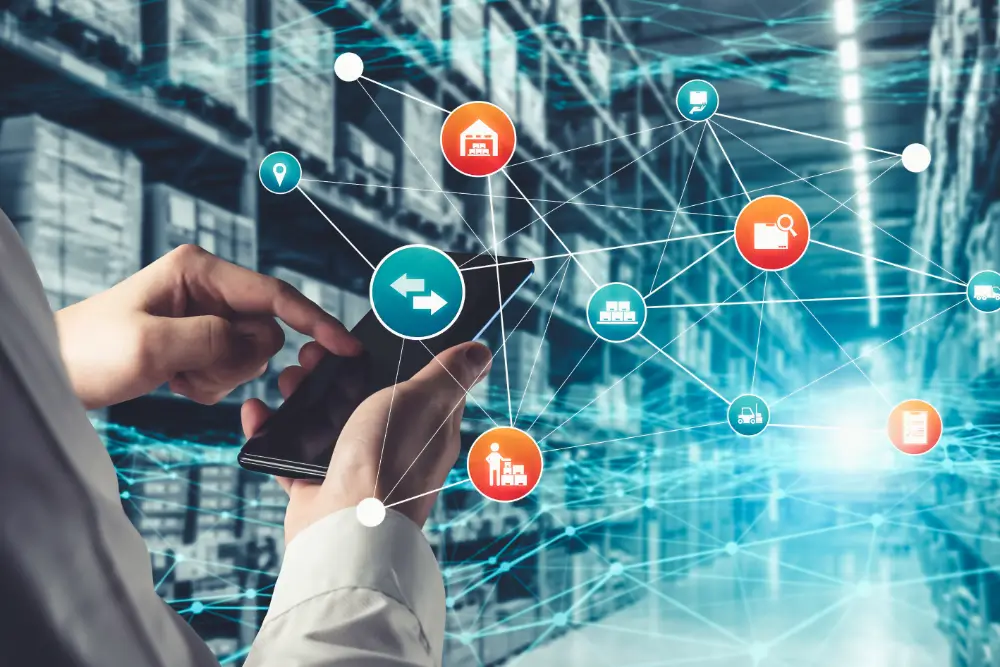 Hands using a phone in a warehouse aisle, overlaid with a network of logistics icons