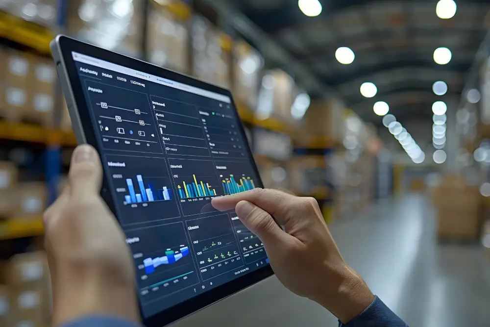 Hands using a tablet showing an analytics dashboard in a warehouse aisle