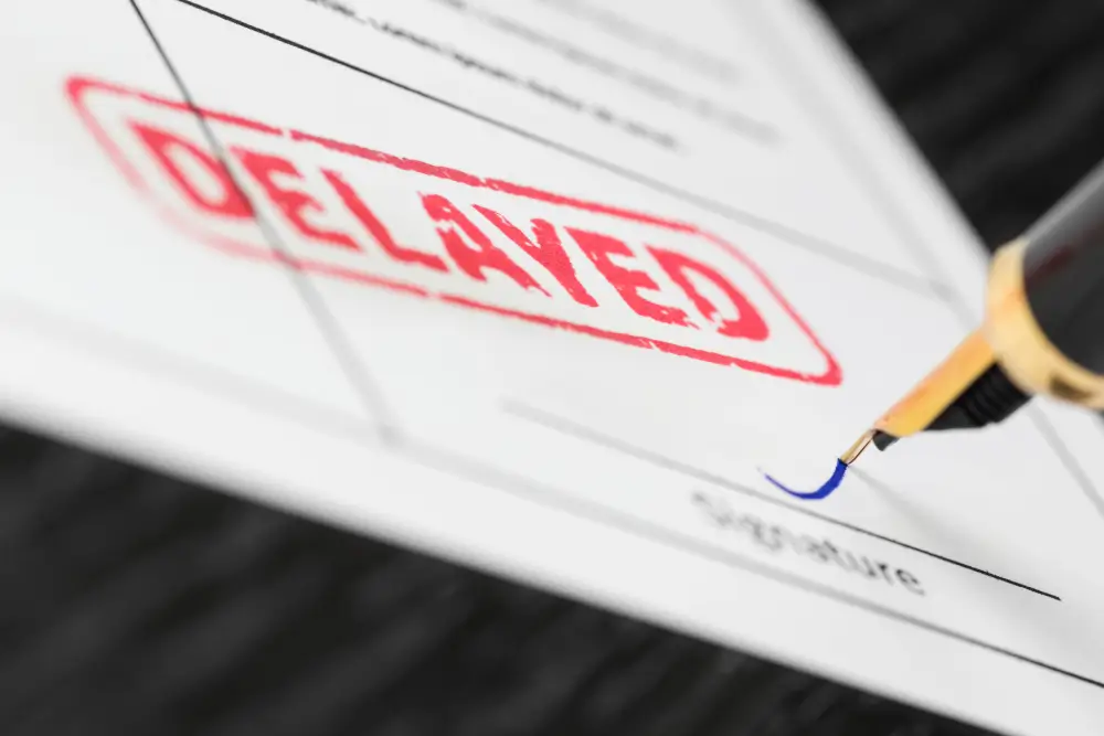 A red “DELAYED” stamp on a delivery form, with a fountain pen about to sign on the signature line