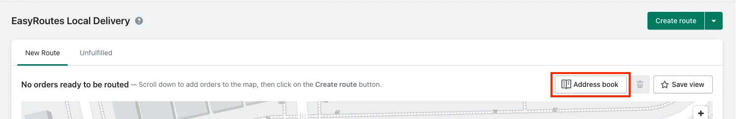 The EasyRoutes New Route tab with the Address book button highlighted beside Save view