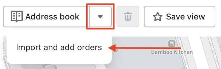 The Address book dropdown open on Import and add orders