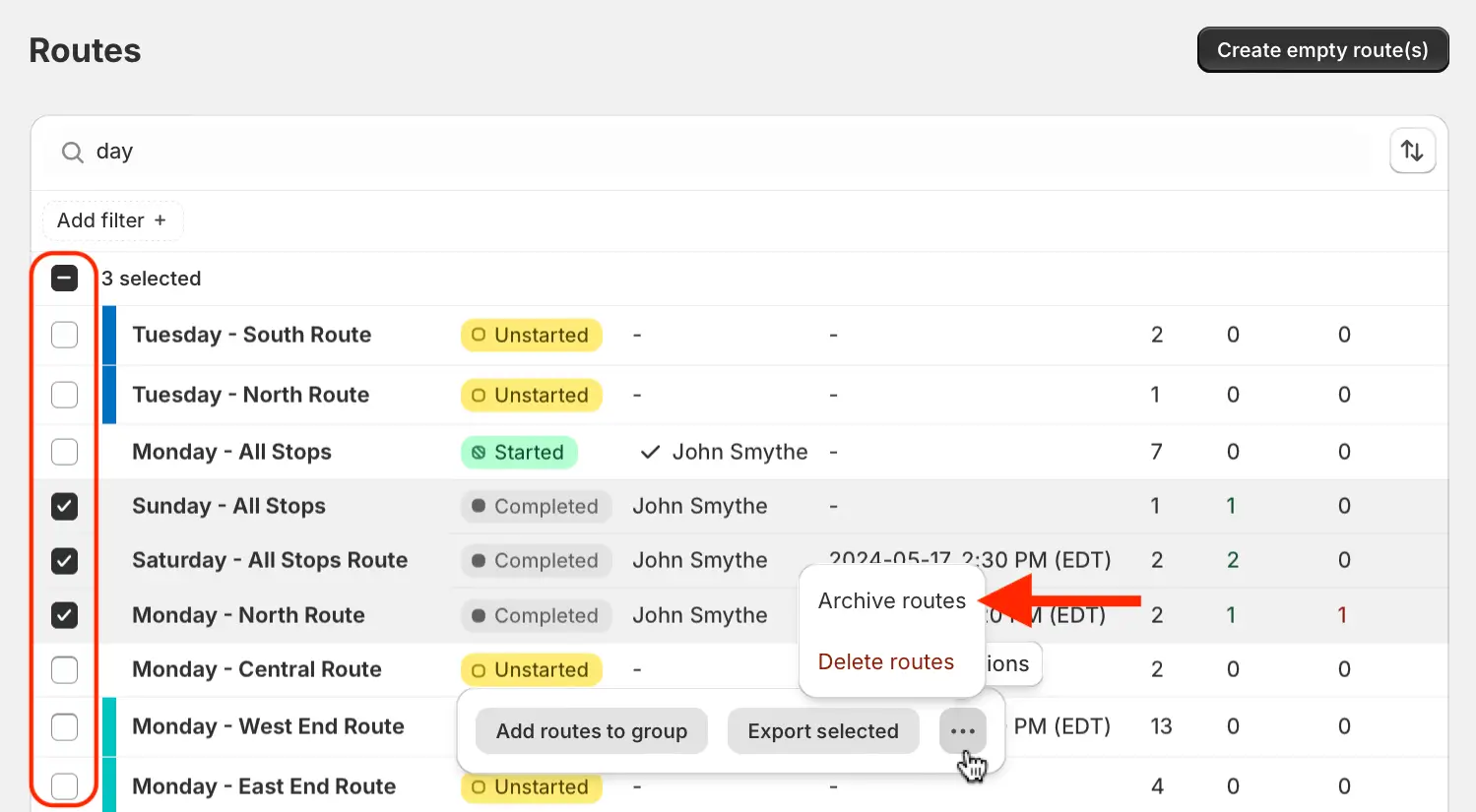 The EasyRoutes routes list with three routes ticked and the bulk actions menu open on Archive routes
