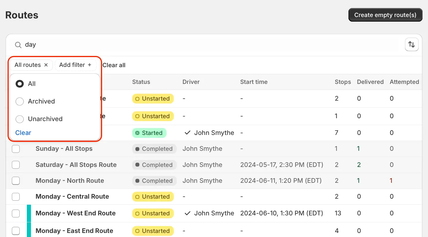The routes list filter open on All, Archived and Unarchived options