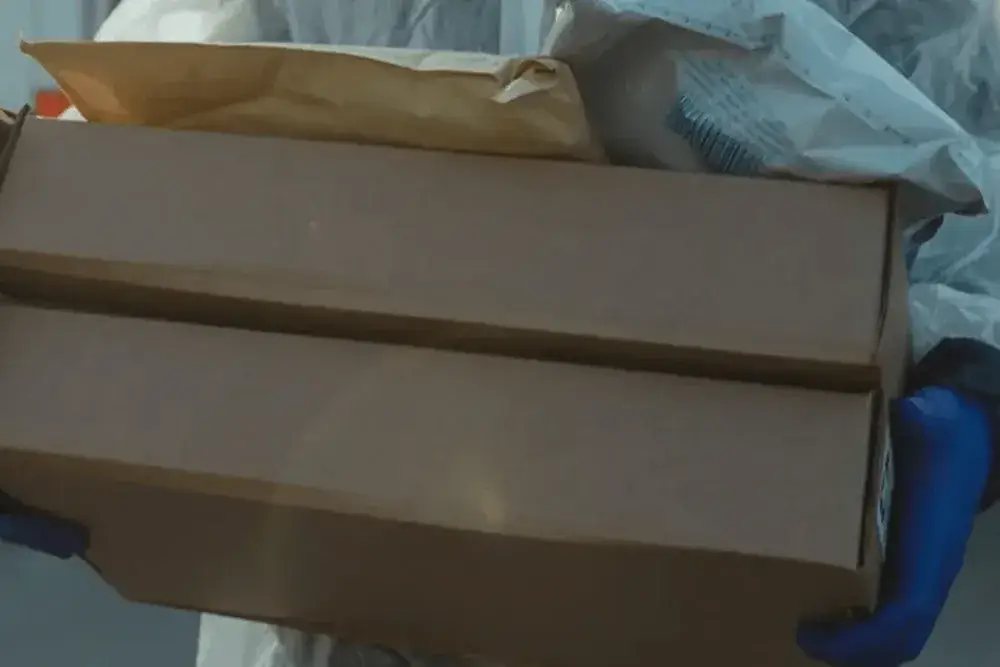 A worker in protective clothing and blue gloves carrying a large cardboard carton of packages