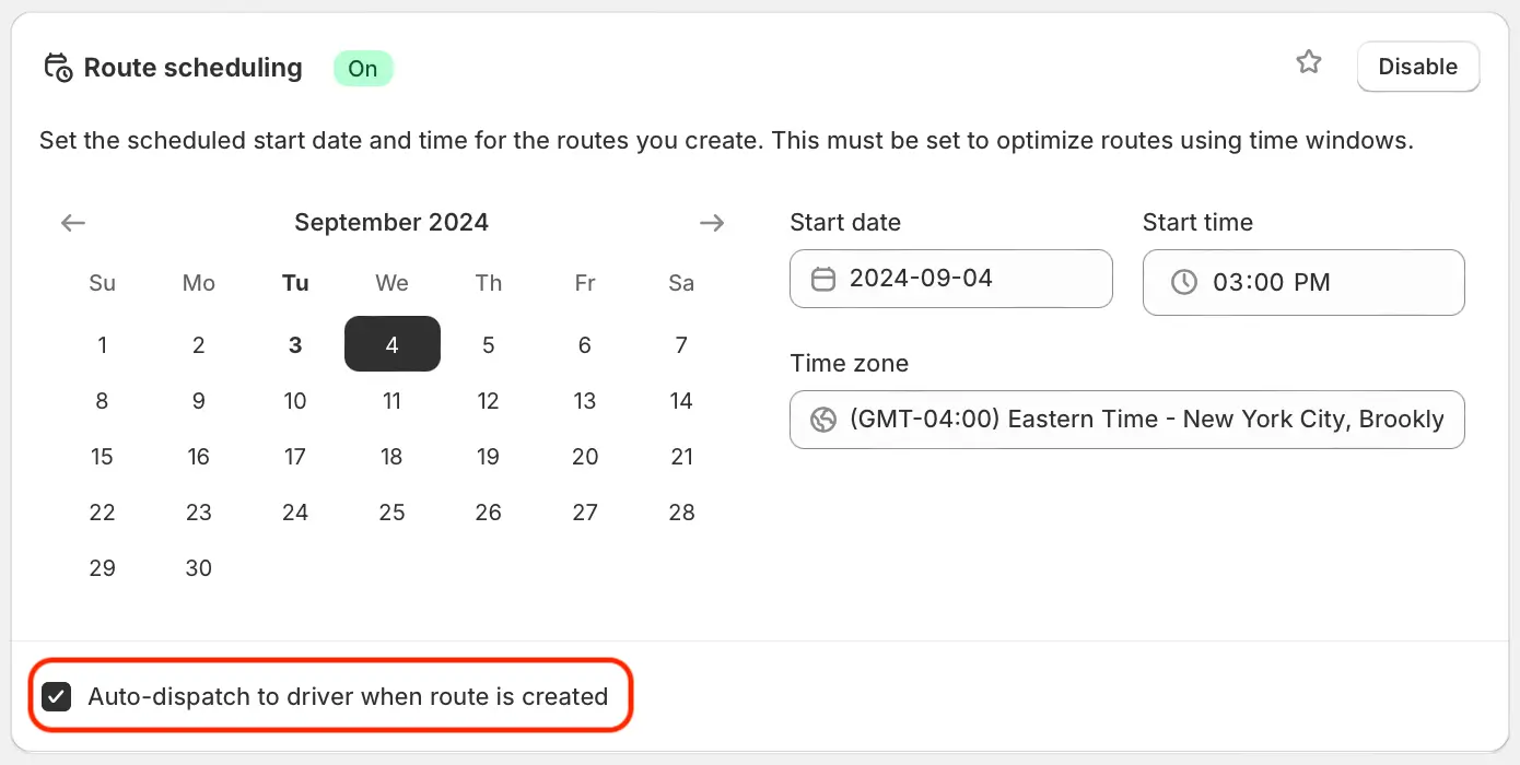 The Route scheduling panel with a start date, time and time zone set, and Auto-dispatch to driver when route is created ticked