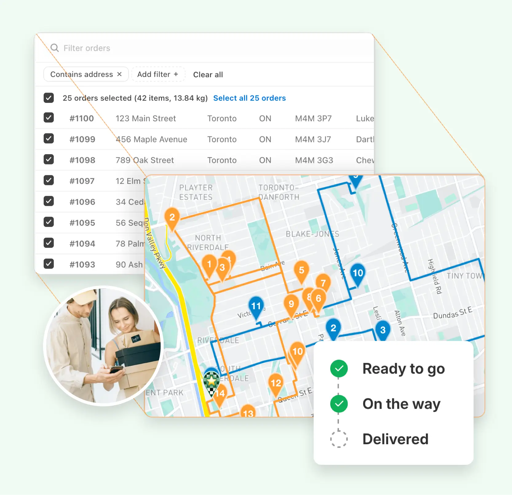 The EasyRoutes orders table, filtered, beside a map of the routes built from it