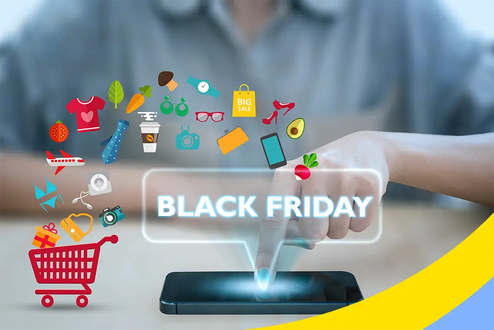 A finger tapping a phone, with a glowing Black Friday banner and shopping icons rising from the screen