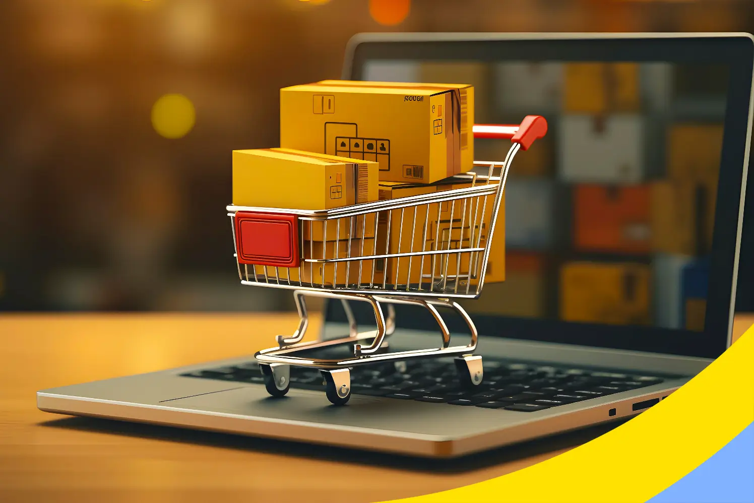 A miniature shopping cart loaded with parcels standing on a laptop keyboard
