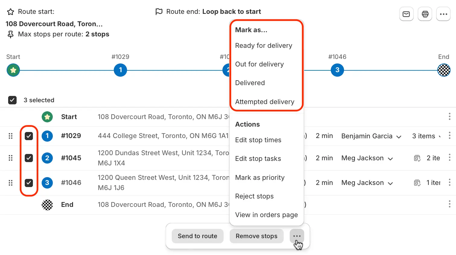 A route's stop list with three stops ticked and the actions menu open on Mark as: Ready for delivery, Out for delivery, Delivered or Attempted delivery