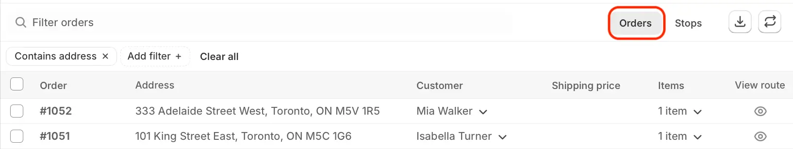The orders table with the Orders tab highlighted, listing orders by address and customer