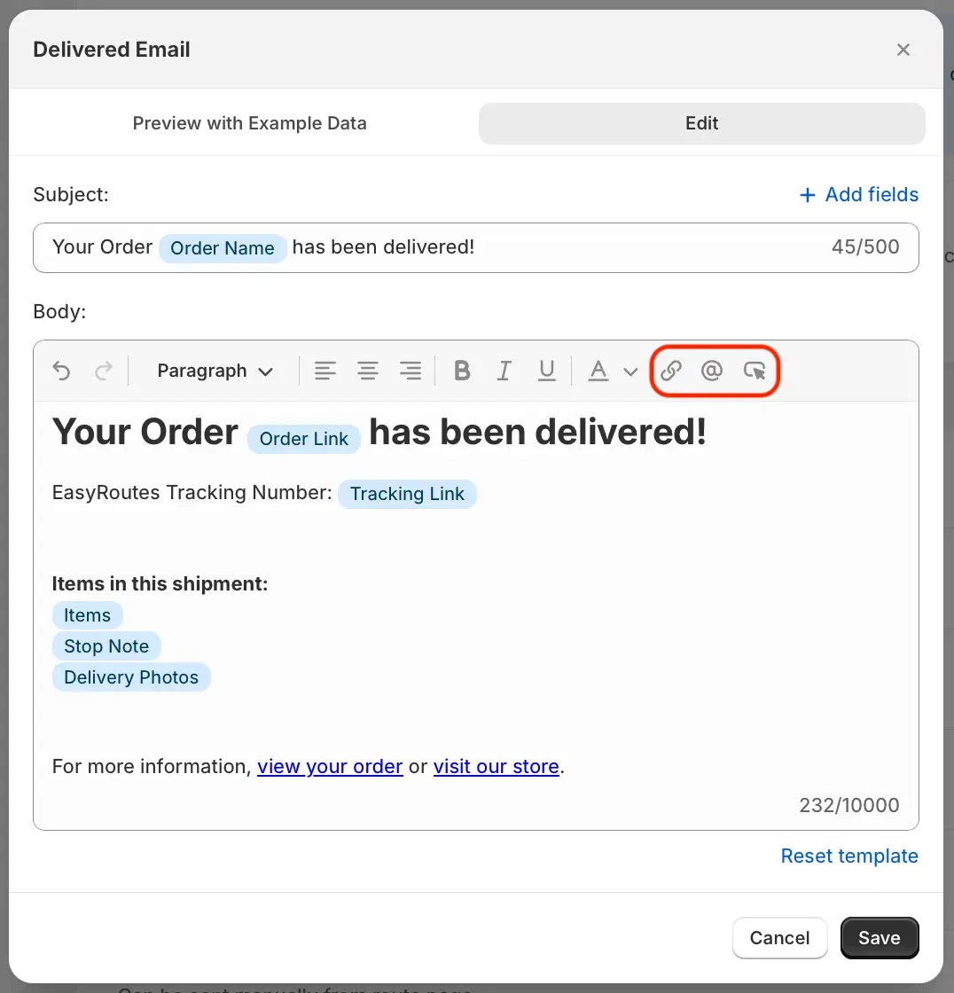 The Delivered Email template editor, with the link, merge-field and button controls highlighted above the body