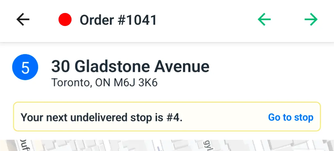 The driver app on order #1041 at 30 Gladstone Avenue, with a prompt that the next undelivered stop is #4