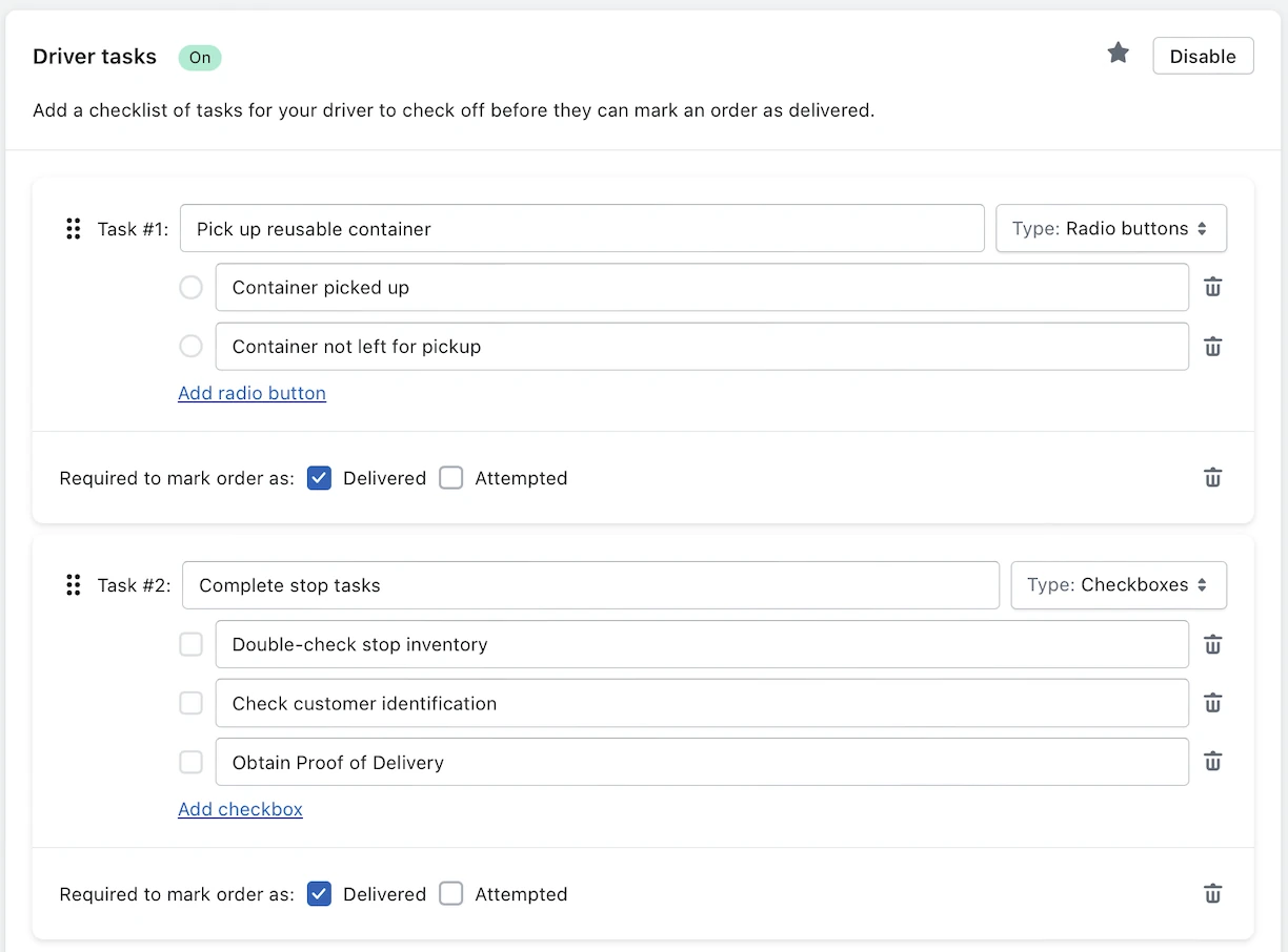 The Driver tasks setting with two checklists built: radio buttons for a reusable container pickup and checkboxes for stop tasks, both required before marking delivered