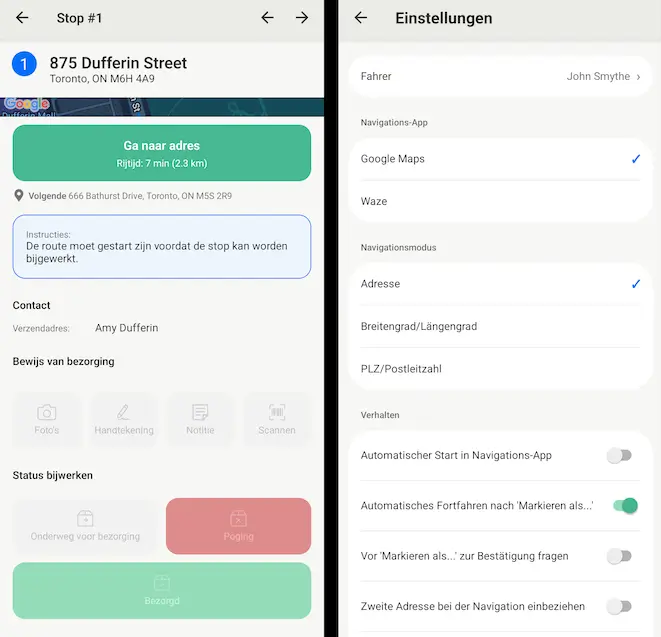 The driver app shown twice side by side, a stop screen in Dutch and the settings screen in German
