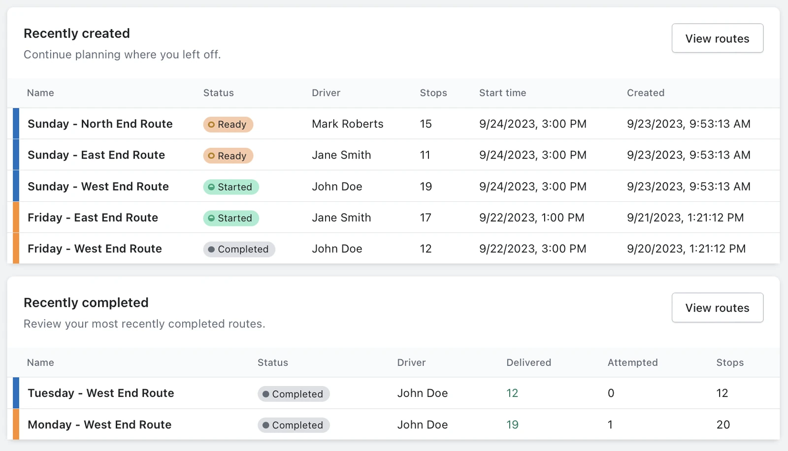 The EasyRoutes recently created and recently completed route tables, listing driver, stops, start time and delivery counts