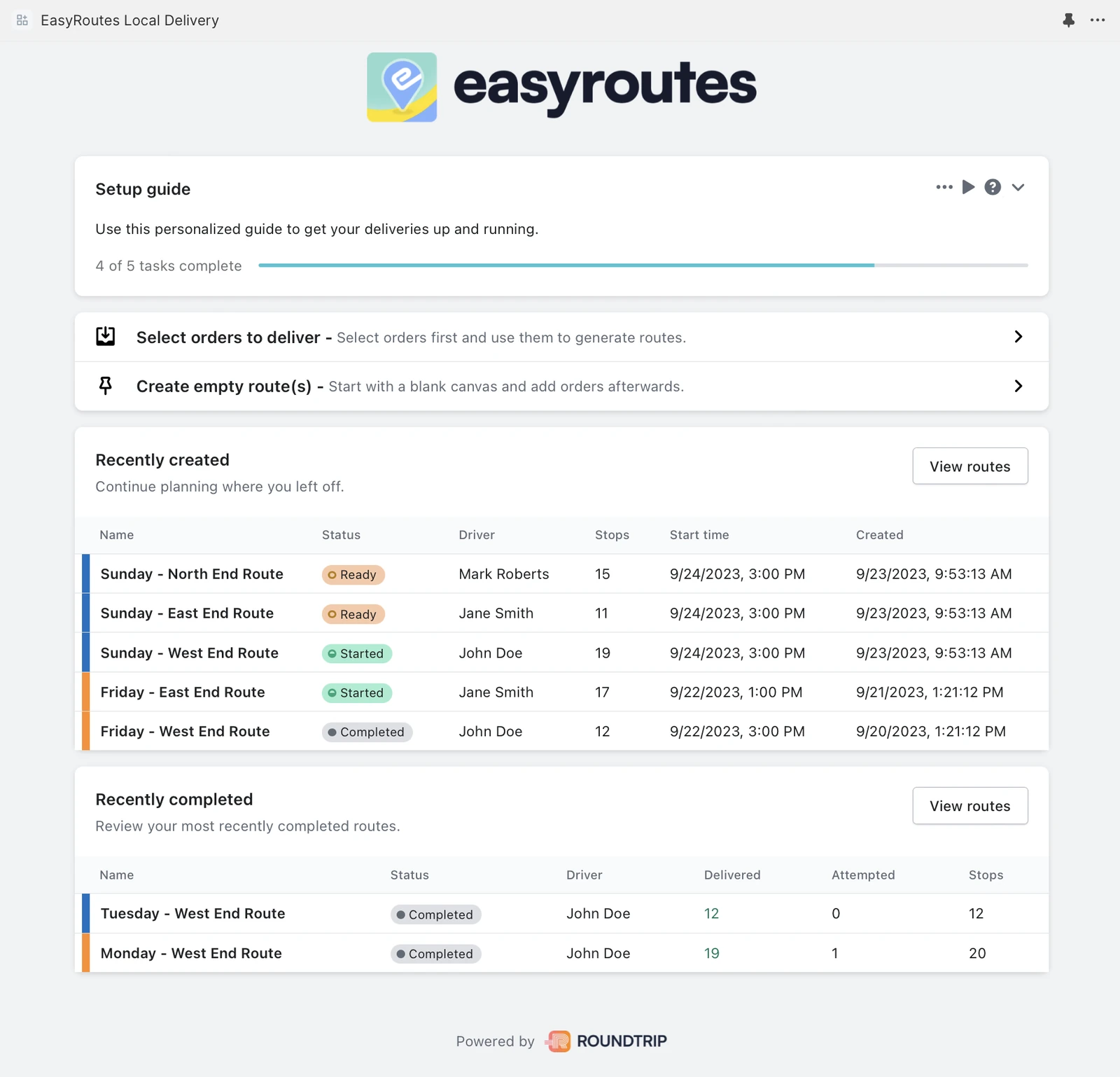 The EasyRoutes home screen with the setup guide four of five complete, above the recently created and completed route tables