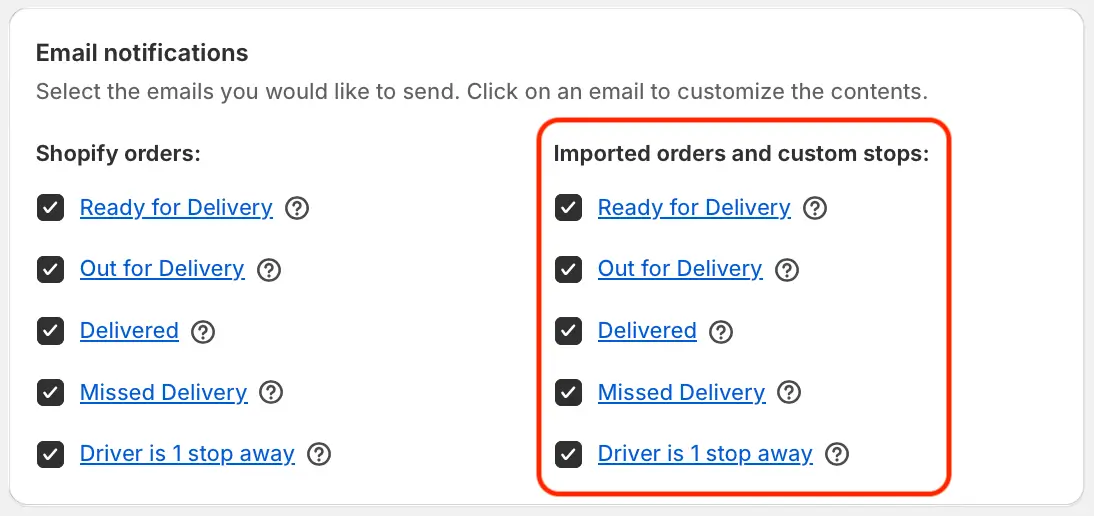 The Email notifications setting, with the Imported orders and custom stops column highlighted alongside the Shopify orders column