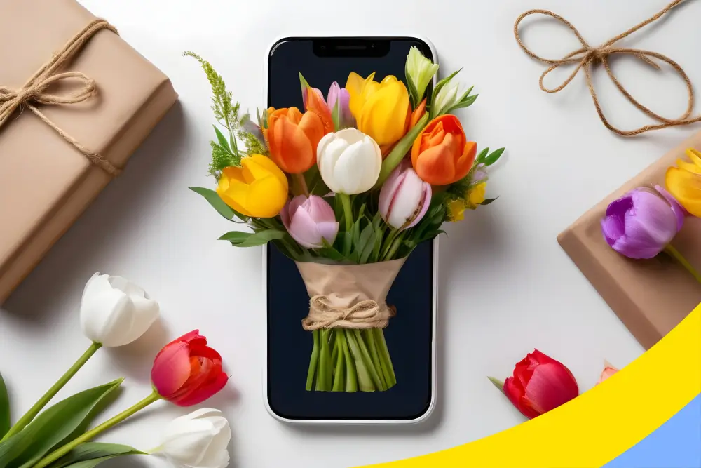 A bouquet of tulips shown on a phone screen, laid among wrapped gifts and loose tulips