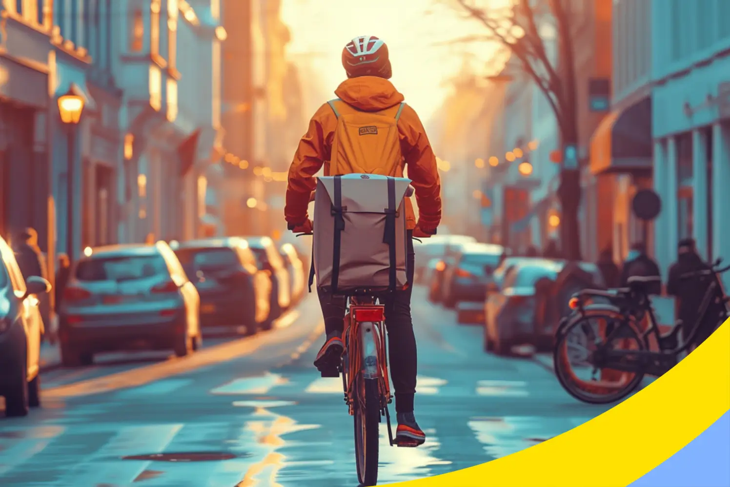A cycle courier in an orange jacket riding a city street at sunrise with a large delivery bag