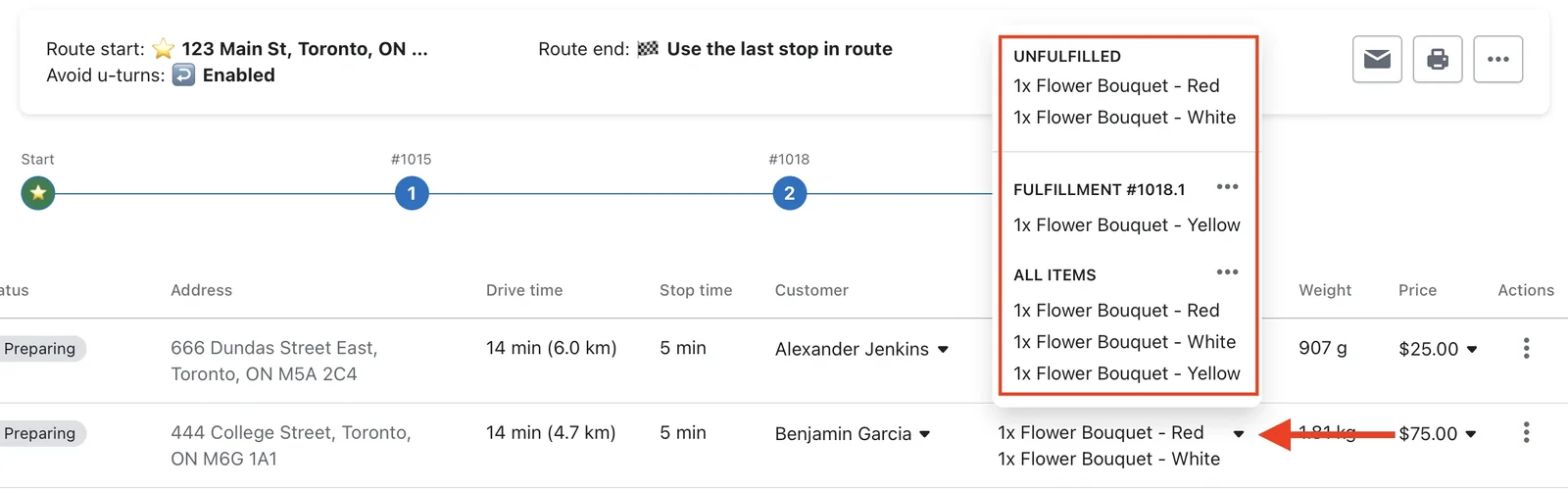 A route's stop list with an items panel open, splitting a stop into unfulfilled items, a fulfillment and all items