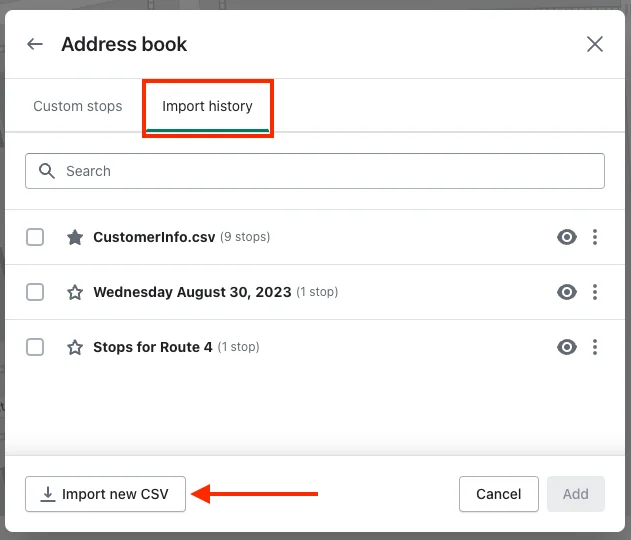 The Address book on the Import history tab, listing imported files, with Import new CSV highlighted